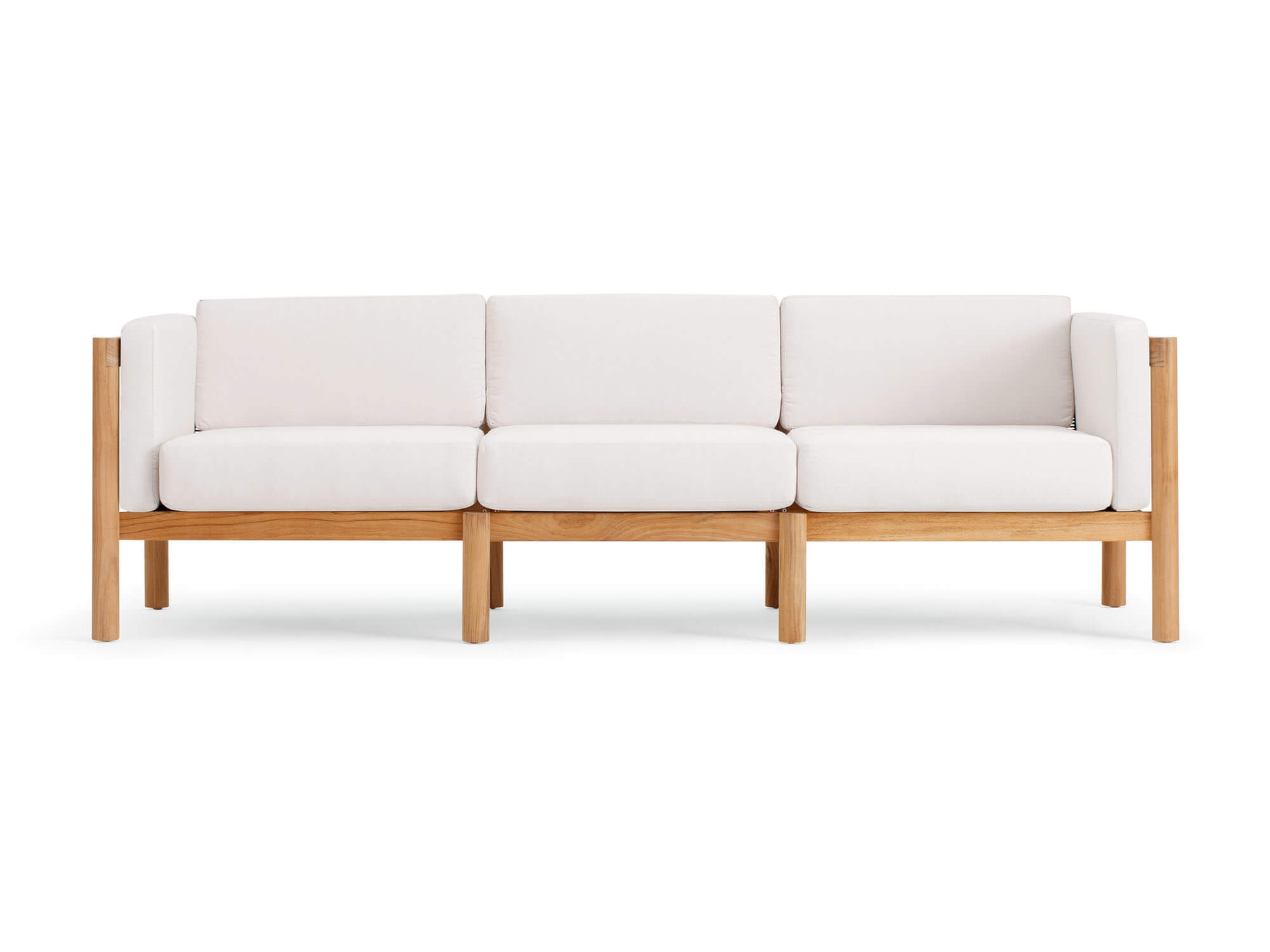 Front view of outdoor sofa with white arm cushions
